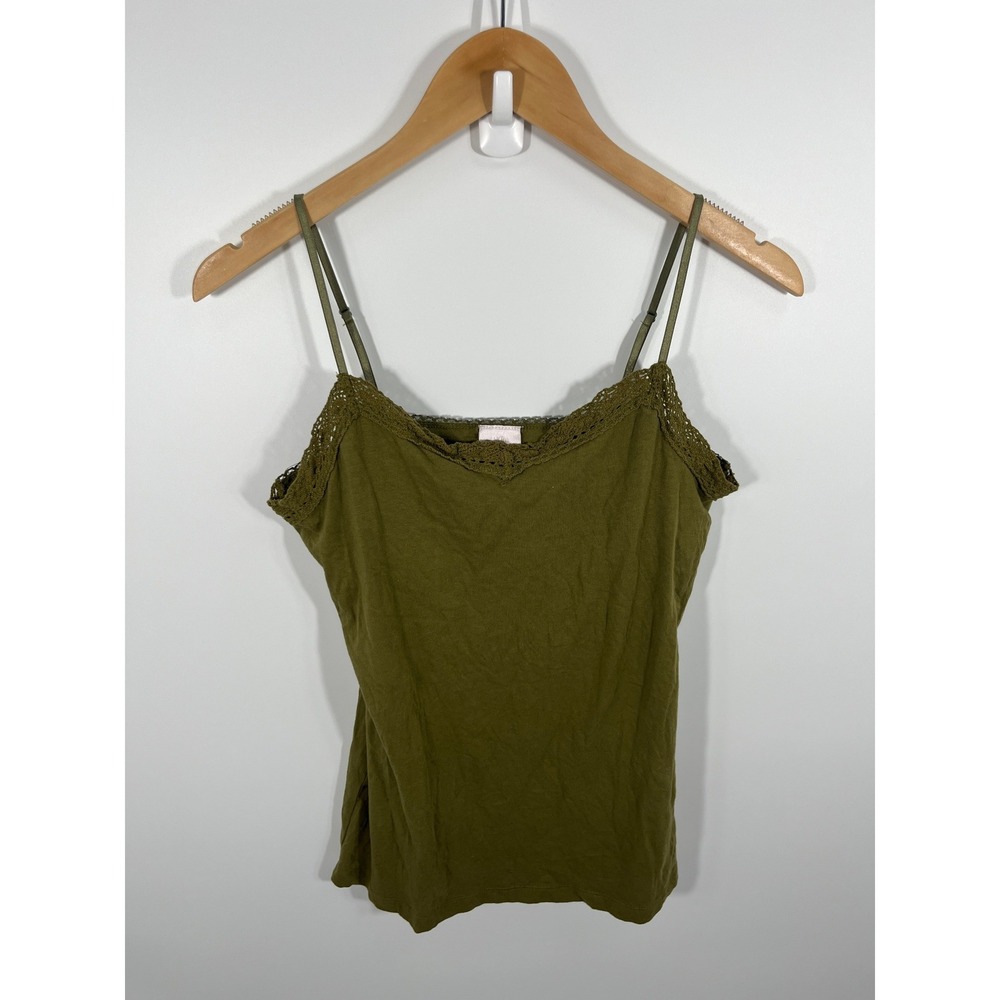 Vintage Y2K Womens Fitted Cami Top L Green Lace Stretch Layer Dainty Feminine